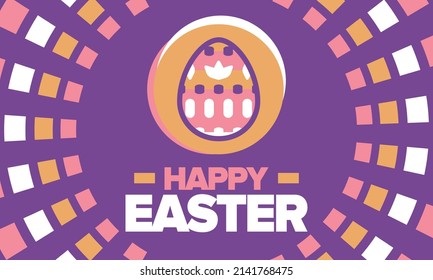 Feliz Pascua en abril. Fiesta de primavera cristiana en honor a la resurrección de Cristo. Historia bíblica. Huevos tradicionales de teñido con estampados, juegos divertidos para niños que buscan huevos de pascua. Vector