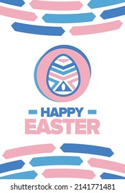 Happy Easter in April. Christian spring holiday in honor of the resurrection of Christ. Biblical history. Traditional dyeing eggs with patterns, fun game for children searching for easter eggs. Vector