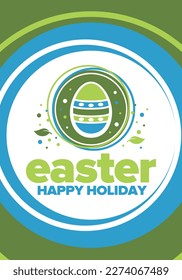 Happy Easter in April. Christian spring holiday in honor of the resurrection of Christ. Biblical history. Traditional dyeing eggs with patterns, fun game for children searching for easter eggs. Vector