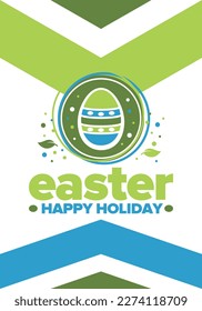 Happy Easter in April. Christian spring holiday in honor of the resurrection of Christ. Biblical history. Traditional dyeing eggs with patterns, fun game for children searching for easter eggs. Vector