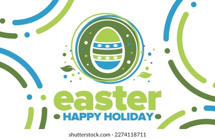 Happy Easter in April. Christian spring holiday in honor of the resurrection of Christ. Biblical history. Traditional dyeing eggs with patterns, fun game for children searching for easter eggs. Vector