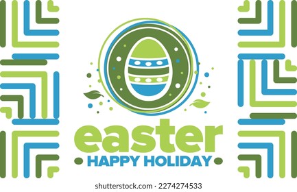 Happy Easter in April. Christian spring holiday in honor of the resurrection of Christ. Biblical history. Traditional dyeing eggs with patterns, fun game for children searching for easter eggs. Vector