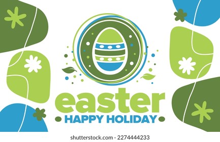 Happy Easter in April. Christian spring holiday in honor of the resurrection of Christ. Biblical history. Traditional dyeing eggs with patterns, fun game for children searching for easter eggs. Vector