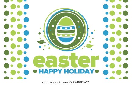 Happy Easter in April. Christian spring holiday in honor of the resurrection of Christ. Biblical history. Traditional dyeing eggs with patterns, fun game for children searching for easter eggs. Vector