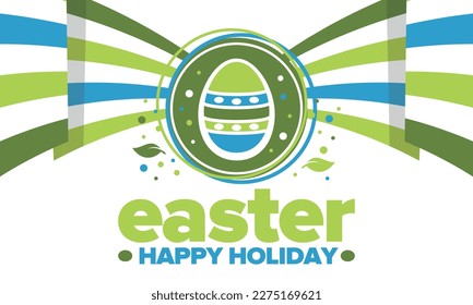 Happy Easter in April. Christian spring holiday in honor of the resurrection of Christ. Biblical history. Traditional dyeing eggs with patterns, fun game for children searching for easter eggs. Vector