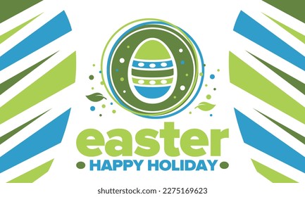 Happy Easter in April. Christian spring holiday in honor of the resurrection of Christ. Biblical history. Traditional dyeing eggs with patterns, fun game for children searching for easter eggs. Vector