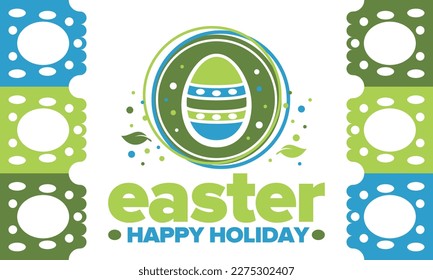 Happy Easter in April. Christian spring holiday in honor of the resurrection of Christ. Biblical history. Traditional dyeing eggs with patterns, fun game for children searching for easter eggs. Vector