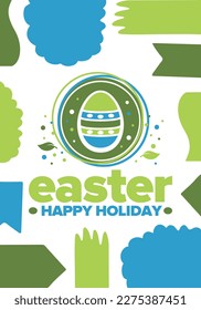 Happy Easter in April. Christian spring holiday in honor of the resurrection of Christ. Biblical history. Traditional dyeing eggs with patterns, fun game for children searching for easter eggs. Vector