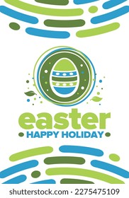 Happy Easter in April. Christian spring holiday in honor of the resurrection of Christ. Biblical history. Traditional dyeing eggs with patterns, fun game for children searching for easter eggs. Vector