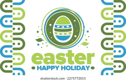 Happy Easter in April. Christian spring holiday in honor of the resurrection of Christ. Biblical history. Traditional dyeing eggs with patterns, fun game for children searching for easter eggs. Vector