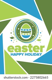 Happy Easter in April. Christian spring holiday in honor of the resurrection of Christ. Biblical history. Traditional dyeing eggs with patterns, fun game for children searching for easter eggs. Vector