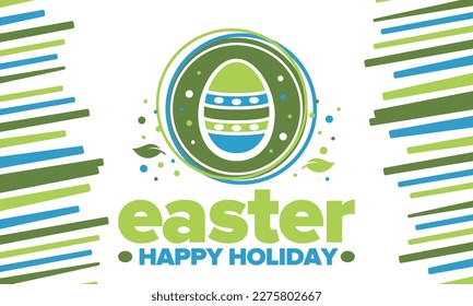 Happy Easter in April. Christian spring holiday in honor of the resurrection of Christ. Biblical history. Traditional dyeing eggs with patterns, fun game for children searching for easter eggs. Vector