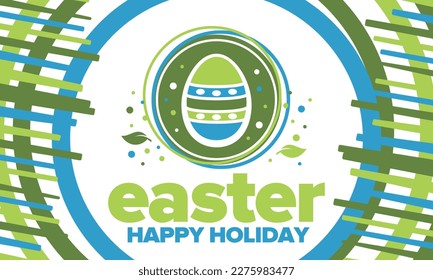 Happy Easter in April. Christian spring holiday in honor of the resurrection of Christ. Biblical history. Traditional dyeing eggs with patterns, fun game for children searching for easter eggs. Vector