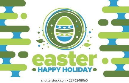 Happy Easter in April. Christian spring holiday in honor of the resurrection of Christ. Biblical history. Traditional dyeing eggs with patterns, fun game for children searching for easter eggs. Vector