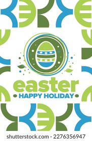 Happy Easter in April. Christian spring holiday in honor of the resurrection of Christ. Biblical history. Traditional dyeing eggs with patterns, fun game for children searching for easter eggs. Vector