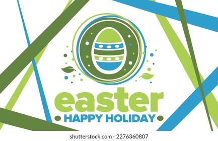 Happy Easter in April. Christian spring holiday in honor of the resurrection of Christ. Biblical history. Traditional dyeing eggs with patterns, fun game for children searching for easter eggs. Vector