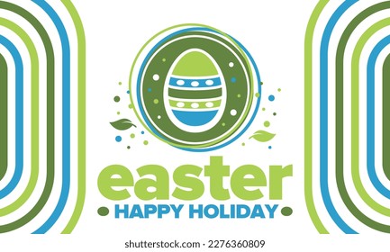 Happy Easter in April. Christian spring holiday in honor of the resurrection of Christ. Biblical history. Traditional dyeing eggs with patterns, fun game for children searching for easter eggs. Vector