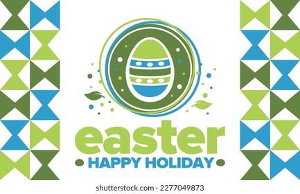 Happy Easter in April. Christian spring holiday in honor of the resurrection of Christ. Biblical history. Traditional dyeing eggs with patterns, fun game for children searching for easter eggs. Vector