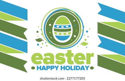 Happy Easter in April. Christian spring holiday in honor of the resurrection of Christ. Biblical history. Traditional dyeing eggs with patterns, fun game for children searching for easter eggs. Vector