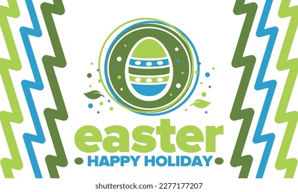 Happy Easter in April. Christian spring holiday in honor of the resurrection of Christ. Biblical history. Traditional dyeing eggs with patterns, fun game for children searching for easter eggs. Vector