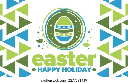 Happy Easter in April. Christian spring holiday in honor of the resurrection of Christ. Biblical history. Traditional dyeing eggs with patterns, fun game for children searching for easter eggs. Vector