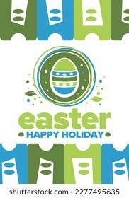 Happy Easter in April. Christian spring holiday in honor of the resurrection of Christ. Biblical history. Traditional dyeing eggs with patterns, fun game for children searching for easter eggs. Vector