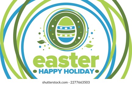 Happy Easter in April. Christian spring holiday in honor of the resurrection of Christ. Biblical history. Traditional dyeing eggs with patterns, fun game for children searching for easter eggs. Vector