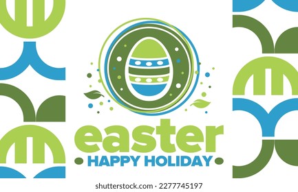 Happy Easter in April. Christian spring holiday in honor of the resurrection of Christ. Biblical history. Traditional dyeing eggs with patterns, fun game for children searching for easter eggs. Vector