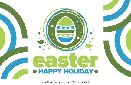 Happy Easter in April. Christian spring holiday in honor of the resurrection of Christ. Biblical history. Traditional dyeing eggs with patterns, fun game for children searching for easter eggs. Vector