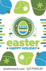 Happy Easter in April. Christian spring holiday in honor of the resurrection of Christ. Biblical history. Traditional dyeing eggs with patterns, fun game for children searching for easter eggs. Vector