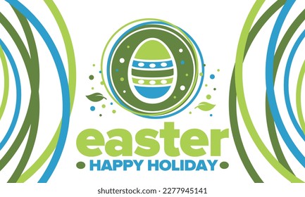 Happy Easter in April. Christian spring holiday in honor of the resurrection of Christ. Biblical history. Traditional dyeing eggs with patterns, fun game for children searching for easter eggs. Vector