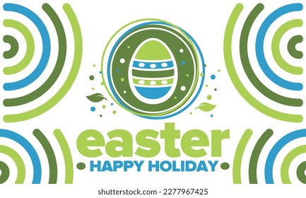 Happy Easter in April. Christian spring holiday in honor of the resurrection of Christ. Biblical history. Traditional dyeing eggs with patterns, fun game for children searching for easter eggs. Vector