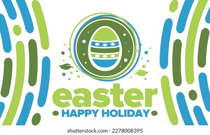 Happy Easter in April. Christian spring holiday in honor of the resurrection of Christ. Biblical history. Traditional dyeing eggs with patterns, fun game for children searching for easter eggs. Vector