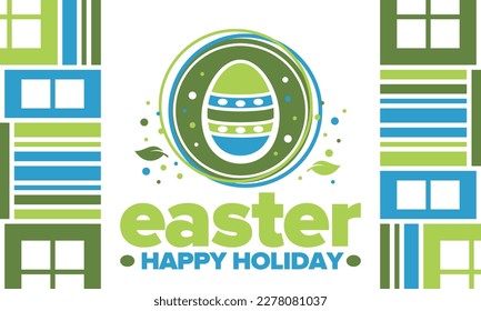 Happy Easter in April. Christian spring holiday in honor of the resurrection of Christ. Biblical history. Traditional dyeing eggs with patterns, fun game for children searching for easter eggs. Vector