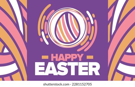 Happy Easter in April. Christian spring holiday in honor of the resurrection of Christ. Biblical history. Traditional dyeing eggs with patterns, fun game for children searching for easter eggs. Vector