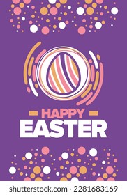 Happy Easter in April. Christian spring holiday in honor of the resurrection of Christ. Biblical history. Traditional dyeing eggs with patterns, fun game for children searching for easter eggs. Vector