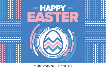 Happy Easter in April. Christian spring holiday in honor of the resurrection of Christ. Biblical history. Traditional dyeing eggs with patterns, fun game for children searching for easter eggs. Vector