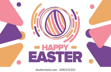 Happy Easter in April. Christian spring holiday in honor of the resurrection of Christ. Biblical history. Traditional dyeing eggs with patterns, fun game for children searching for easter eggs. Vector