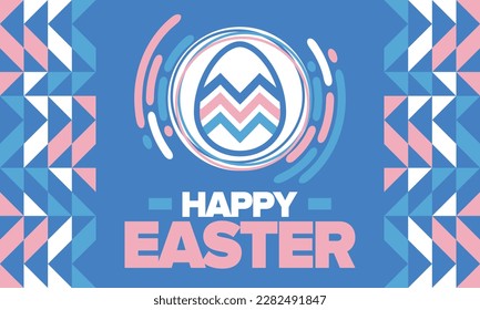 Happy Easter in April. Christian spring holiday in honor of the resurrection of Christ. Biblical history. Traditional dyeing eggs with patterns, fun game for children searching for easter eggs. Vector