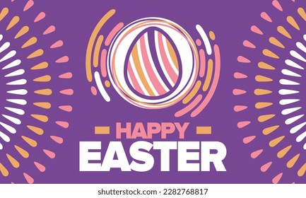 Happy Easter in April. Christian spring holiday in honor of the resurrection of Christ. Biblical history. Traditional dyeing eggs with patterns, fun game for children searching for easter eggs. Vector