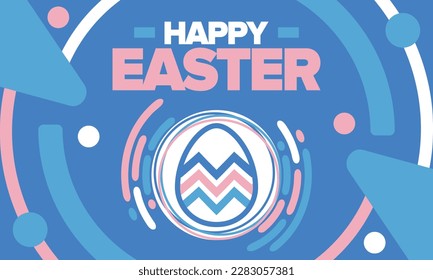 Happy Easter in April. Christian spring holiday in honor of the resurrection of Christ. Biblical history. Traditional dyeing eggs with patterns, fun game for children searching for easter eggs. Vector