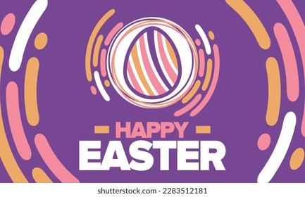 Happy Easter in April. Christian spring holiday in honor of the resurrection of Christ. Biblical history. Traditional dyeing eggs with patterns, fun game for children searching for easter eggs. Vector