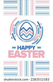 Happy Easter in April. Christian spring holiday in honor of the resurrection of Christ. Biblical history. Traditional dyeing eggs with patterns, fun game for children searching for easter eggs. Vector