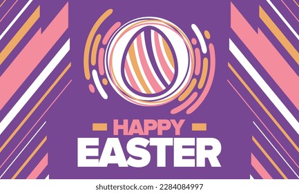 Happy Easter in April. Christian spring holiday in honor of the resurrection of Christ. Biblical history. Traditional dyeing eggs with patterns, fun game for children searching for easter eggs. Vector