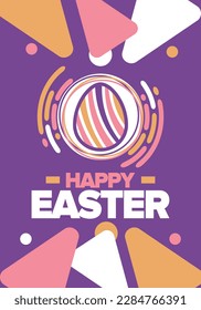 Happy Easter in April. Christian spring holiday in honor of the resurrection of Christ. Biblical history. Traditional dyeing eggs with patterns, fun game for children searching for easter eggs. Vector