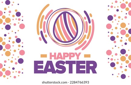 Happy Easter in April. Christian spring holiday in honor of the resurrection of Christ. Biblical history. Traditional dyeing eggs with patterns, fun game for children searching for easter eggs. Vector