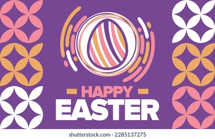 Happy Easter in April. Christian spring holiday in honor of the resurrection of Christ. Biblical history. Traditional dyeing eggs with patterns, fun game for children searching for easter eggs. Vector