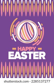 Happy Easter in April. Christian spring holiday in honor of the resurrection of Christ. Biblical history. Traditional dyeing eggs with patterns, fun game for children searching for easter eggs. Vector