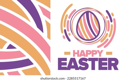 Happy Easter in April. Christian spring holiday in honor of the resurrection of Christ. Biblical history. Traditional dyeing eggs with patterns, fun game for children searching for easter eggs. Vector