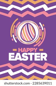 Happy Easter in April. Christian spring holiday in honor of the resurrection of Christ. Biblical history. Traditional dyeing eggs with patterns, fun game for children searching for easter eggs. Vector